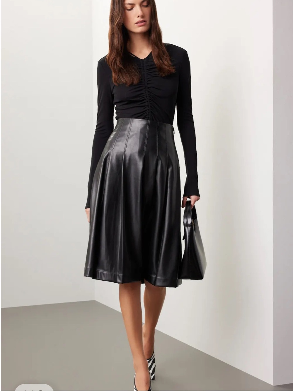 Black Faux Leather A-Line Midi Skirt - Picture 2 of 16